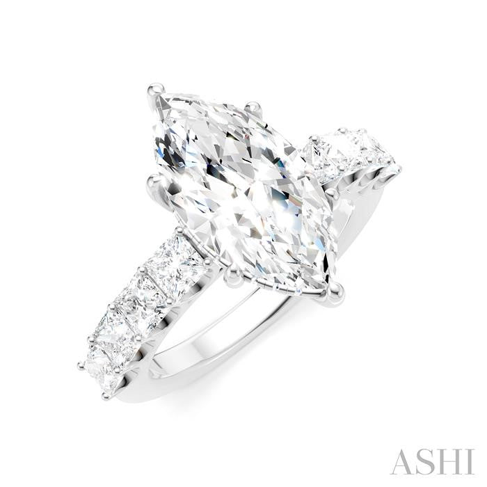 1 1/3 Ctw Marquise Shape Princess and Round Cut Diamond Semi-Mount Engagement Ring in 14K White Gold