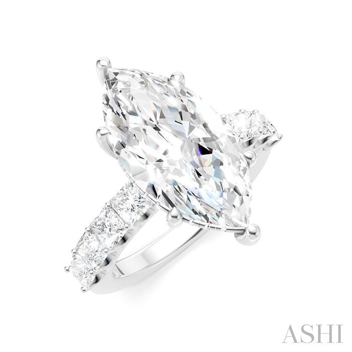 1 1/3 Ctw Marquise Shape Princess and Round Cut Diamond Semi-Mount Engagement Ring in 14K White Gold