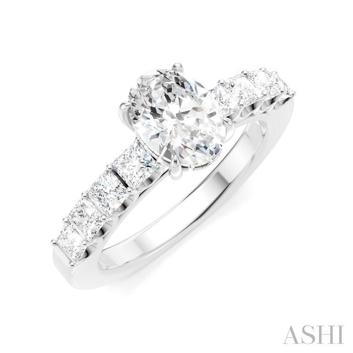 7/8 Ctw Oval Shape Princess and Round Cut Diamond Semi-Mount Engagement Ring in 14K White Gold