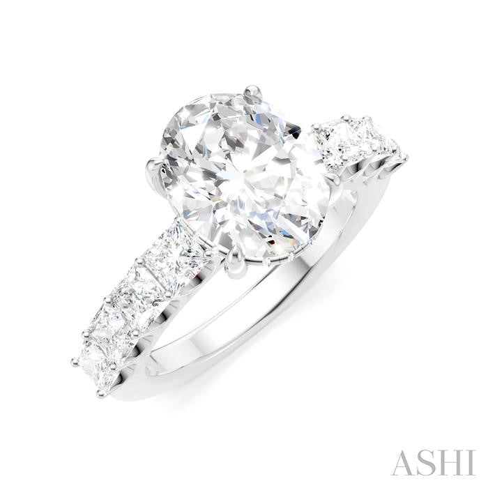 1 1/3 Ctw Oval Shape Princess and Round Cut Diamond Semi-Mount Engagement Ring in 14K White Gold