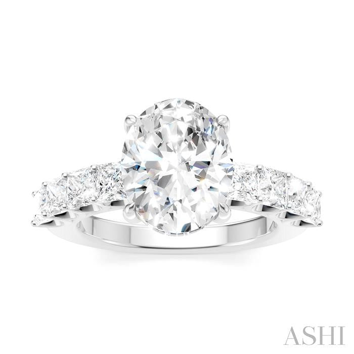 1 1/3 Ctw Oval Shape Princess and Round Cut Diamond Semi-Mount Engagement Ring in 14K White Gold