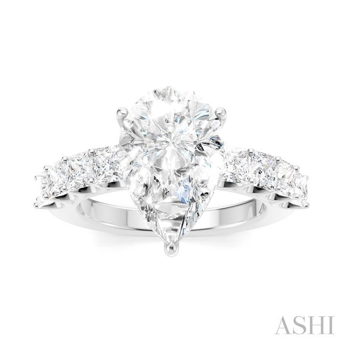 1 1/3 Ctw Pear Shape Princess and Round Cut Diamond Semi-Mount Engagement Ring in 14K White Gold