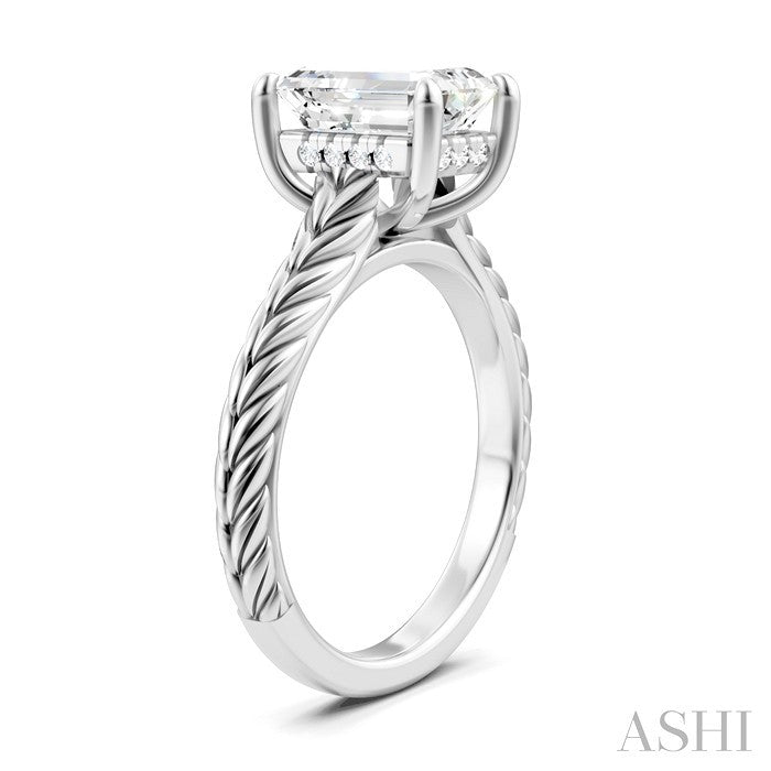 1/10 Ctw Emerald Shape Round Cut Diamond Akari Wheat Shank Semi-Mount Engagement Ring in 14K White Gold