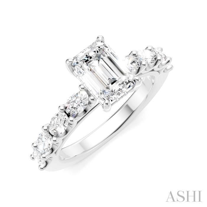 7/8 Ctw Emerald Shape Oval and Round Cut Diamond Semi-Mount Engagement Ring in 14K White Gold