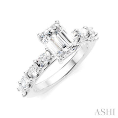 7/8 Ctw Emerald Shape Oval and Round Cut Diamond Semi-Mount Engagement Ring in 14K White Gold
