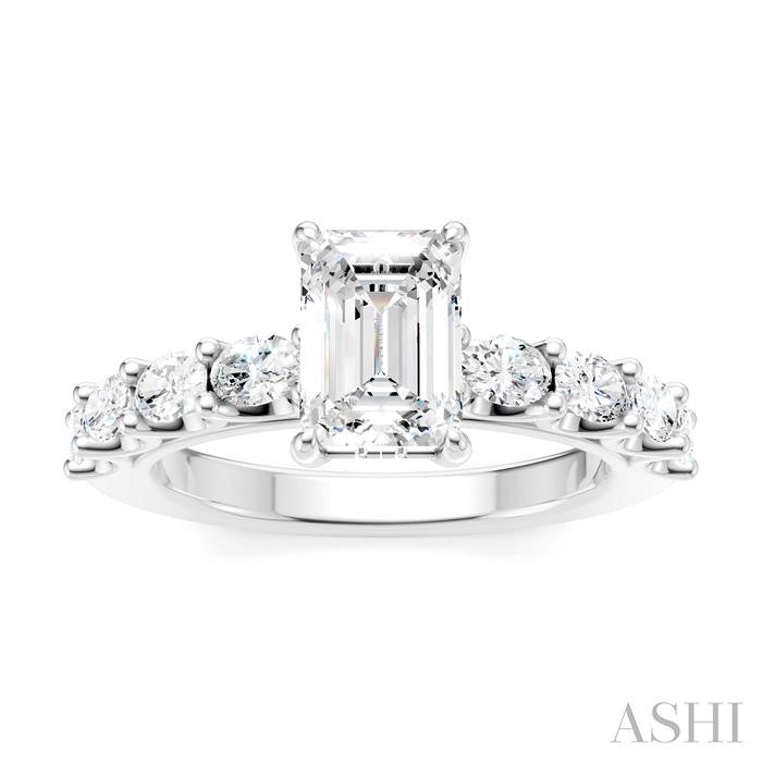 7/8 Ctw Emerald Shape Oval and Round Cut Diamond Semi-Mount Engagement Ring in 14K White Gold