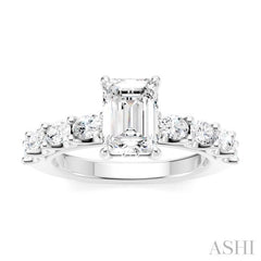 7/8 Ctw Emerald Shape Oval and Round Cut Diamond Semi-Mount Engagement Ring in 14K White Gold