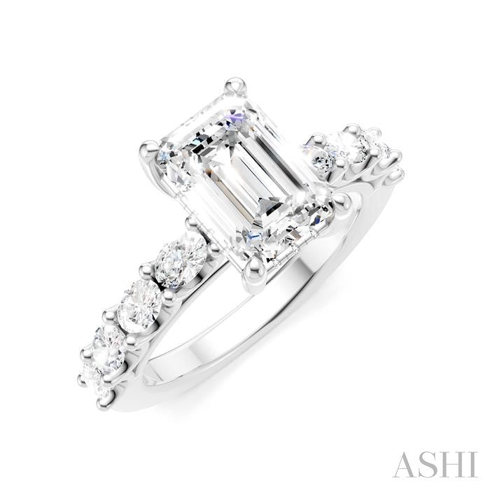 7/8 Ctw Emerald Shape Oval and Round Cut Diamond Semi-Mount Engagement Ring in 14K White Gold