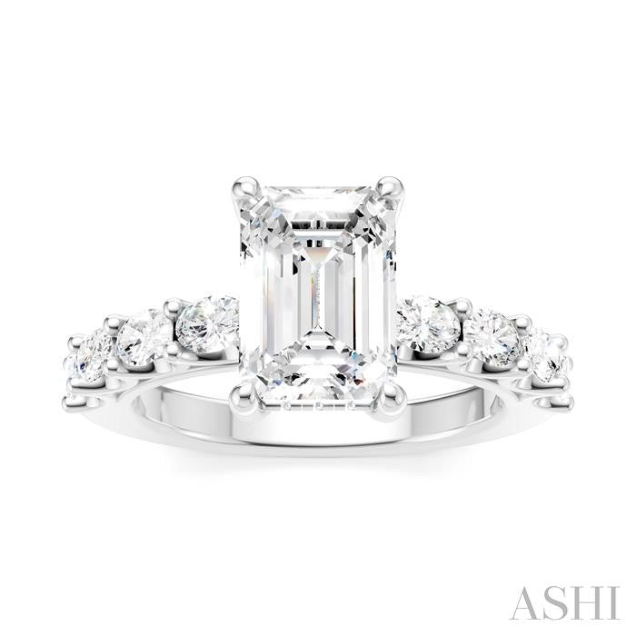 7/8 Ctw Emerald Shape Oval and Round Cut Diamond Semi-Mount Engagement Ring in 14K White Gold