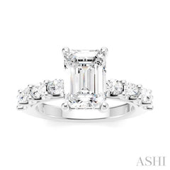 7/8 Ctw Emerald Shape Oval and Round Cut Diamond Semi-Mount Engagement Ring in 14K White Gold