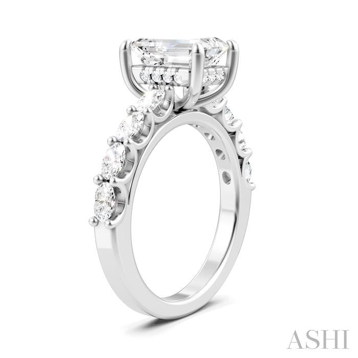 7/8 Ctw Emerald Shape Oval and Round Cut Diamond Semi-Mount Engagement Ring in 14K White Gold