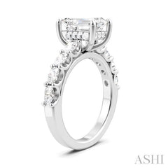 7/8 Ctw Emerald Shape Oval and Round Cut Diamond Semi-Mount Engagement Ring in 14K White Gold