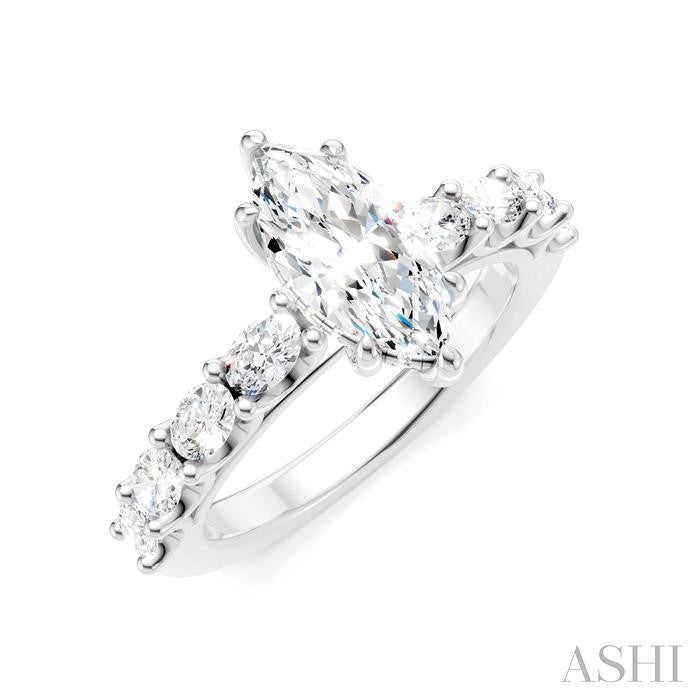 7/8 Ctw Marquise Shape Oval and Round Cut Diamond Semi-Mount Engagement Ring in 14K White Gold