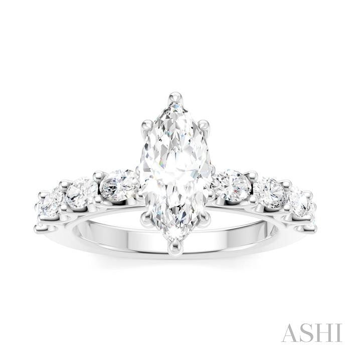 7/8 Ctw Marquise Shape Oval and Round Cut Diamond Semi-Mount Engagement Ring in 14K White Gold