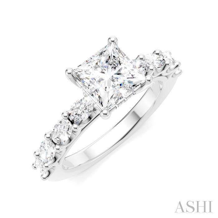 7/8 Ctw Princess Shape Oval and Round Cut Diamond Semi-Mount Engagement Ring in 14K White Gold