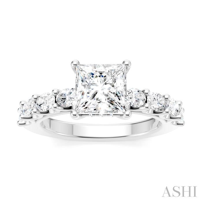 7/8 Ctw Princess Shape Oval and Round Cut Diamond Semi-Mount Engagement Ring in 14K White Gold