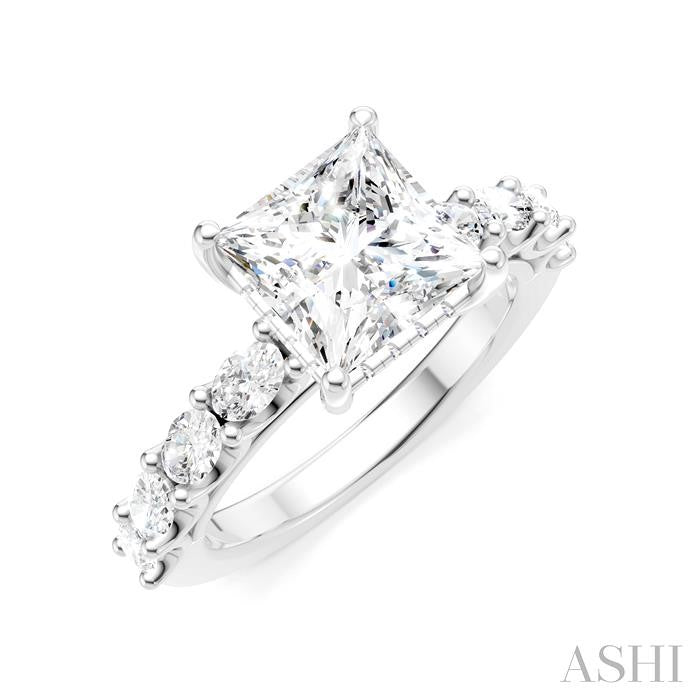 7/8 Ctw Princess Shape Oval and Round Cut Diamond Semi-Mount Engagement Ring in 14K White Gold