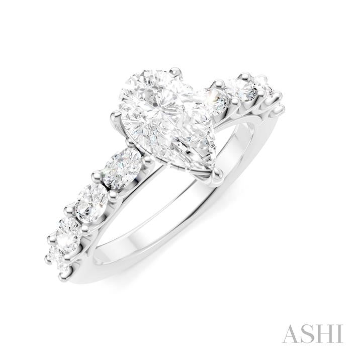 7/8 Ctw Pear Shape Oval and Round Cut Diamond Semi-Mount Engagement Ring in 14K White Gold