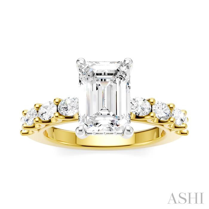 7/8 Ctw Emerald Shape Oval and Round Cut Diamond Semi-Mount Engagement Ring in 14K Yellow and White Gold