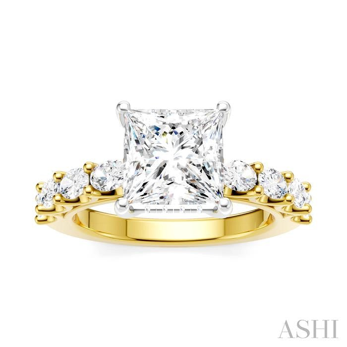 7/8 Ctw Princess Shape Oval and Round Cut Diamond Semi-Mount Engagement Ring in 14K Yellow and White Gold