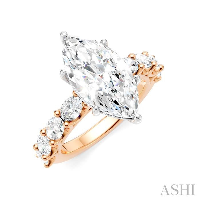 1 1/3 Ctw Marquise Shape Oval and Round Cut Diamond Semi-Mount Engagement Ring in 14K Rose and White Gold