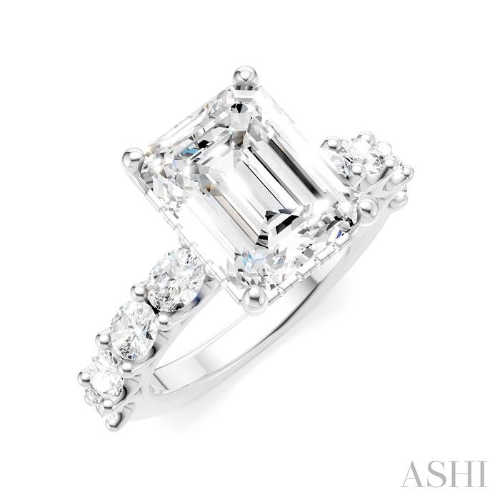1 1/3 Ctw Emerald Shape Oval and Round Cut Diamond Semi-Mount Engagement Ring in 14K White Gold