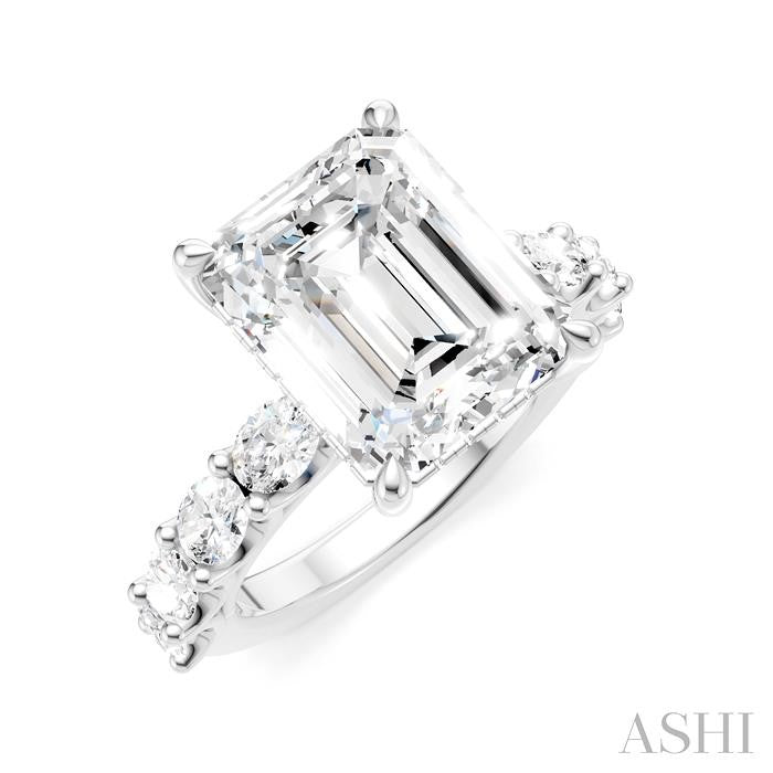1 1/3 Ctw Emerald Shape Oval and Round Cut Diamond Semi-Mount Engagement Ring in 14K White Gold