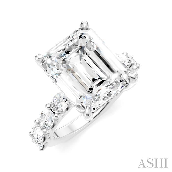 1 1/3 Ctw Emerald Shape Oval and Round Cut Diamond Semi-Mount Engagement Ring in 14K White Gold