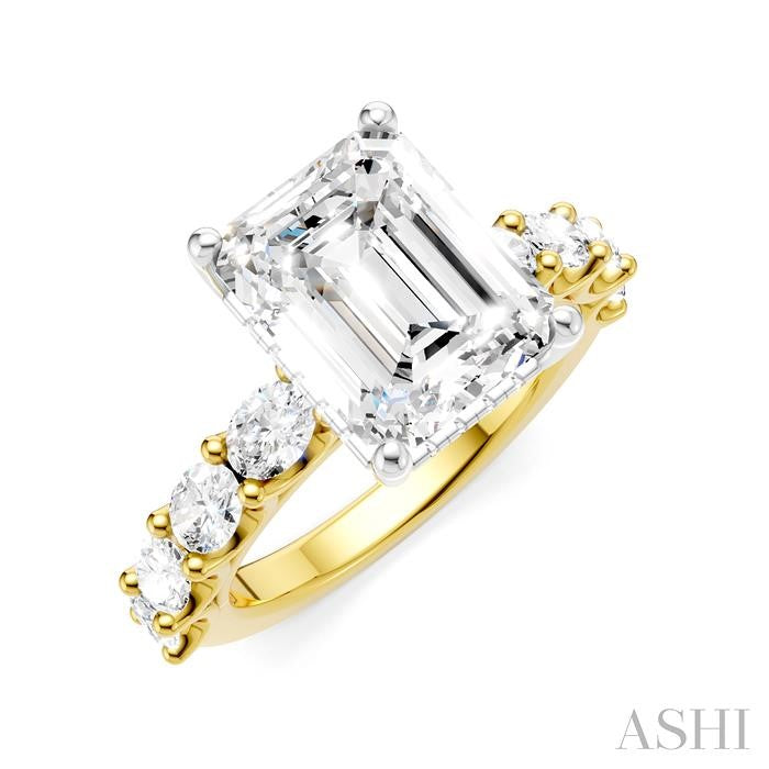 1 1/3 Ctw Emerald Shape Oval and Round Cut Diamond Semi-Mount Engagement Ring in 14K Yellow and White Gold