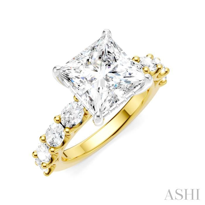 1 1/3 Ctw Princess Shape Oval and Round Cut Diamond Semi-Mount Engagement Ring in 14K Yellow and White Gold