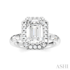 1/3 Ctw Akari Emerald Shape Baguette and Round Cut Diamond Halo Semi Mount Engagement Ring in 14K White Gold