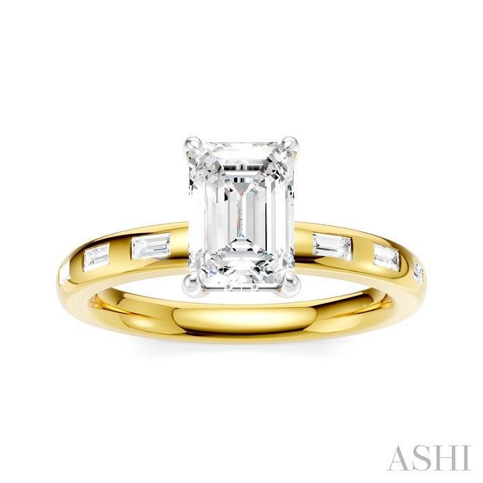 1/4 Ctw Emerald Shape Baguette and Round Cut Diamond Semi-Mount Engagement Ring in 14K Yellow and White Gold