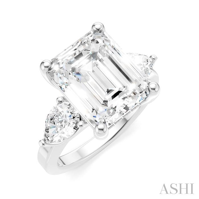 1 1/10 Ctw Tri-Mount Emerald Shape Center Pear and Round Cut Diamond Semi-Mount Engagement Ring in 14K White Gold