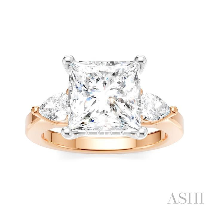 1/2 Ctw Tri-Mount Princess Shape Center Pear and Round Cut Diamond Semi-Mount Engagement Ring in 14K Rose and White Gold