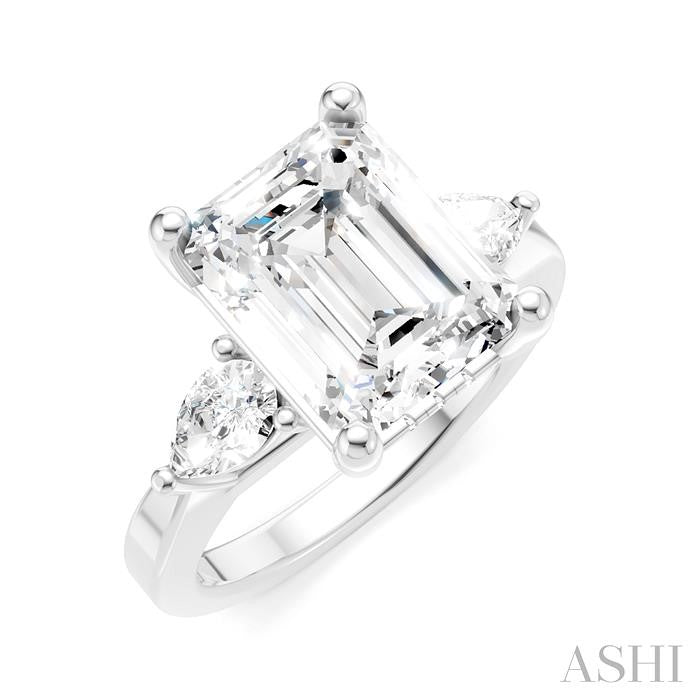 1/2 Ctw Tri-Mount Emerald Shape Center Pear and Round Cut Diamond Semi-Mount Engagement Ring in 14K White Gold