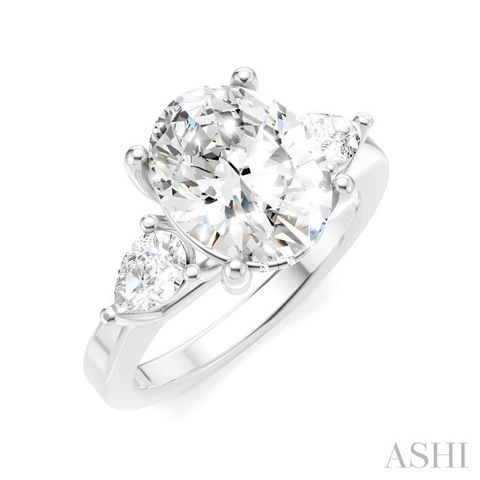 1/2 Ctw Tri-Mount Oval Shape Center Pear and Round Cut Diamond Semi-Mount Engagement Ring in 14K White Gold