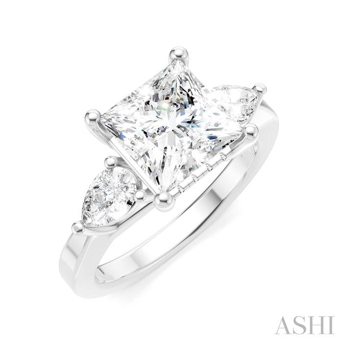 1/2 Ctw Tri-Mount Princess Shape Center Pear and Round Cut Diamond Semi-Mount Engagement Ring in 14K White Gold