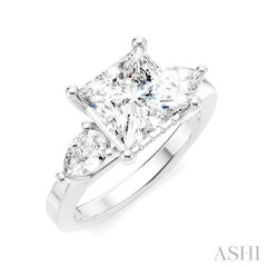 1/2 Ctw Tri-Mount Princess Shape Center Pear and Round Cut Diamond Semi-Mount Engagement Ring in 14K White Gold
