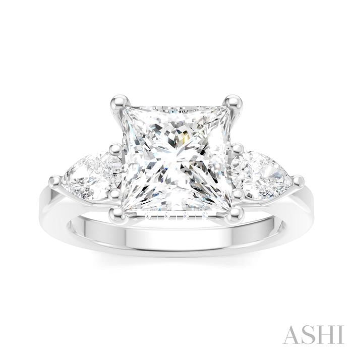 1/2 Ctw Tri-Mount Princess Shape Center Pear and Round Cut Diamond Semi-Mount Engagement Ring in 14K White Gold