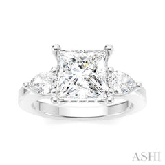 1/2 Ctw Tri-Mount Princess Shape Center Pear and Round Cut Diamond Semi-Mount Engagement Ring in 14K White Gold