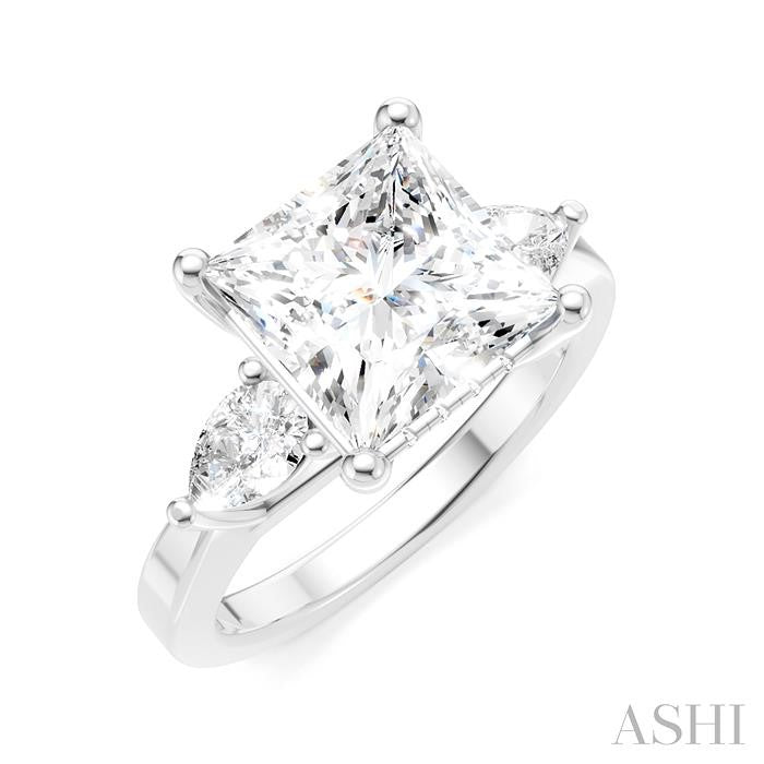 1/2 Ctw Tri-Mount Princess Shape Center Pear and Round Cut Diamond Semi-Mount Engagement Ring in 14K White Gold