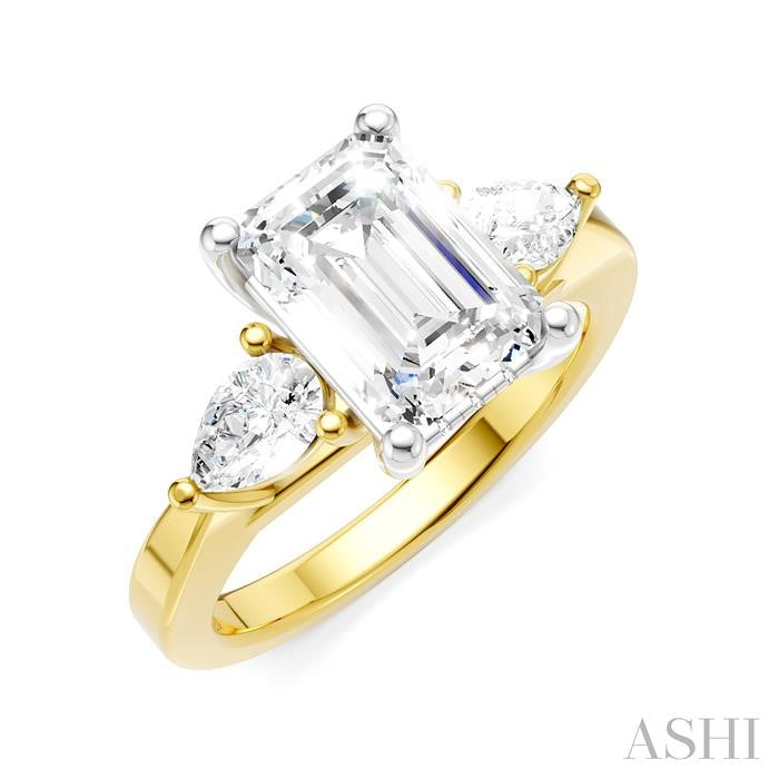 1/2 Ctw Tri-Mount Emerald Shape Center Pear and Round Cut Diamond Semi-Mount Engagement Ring in 14K Yellow and White Gold
