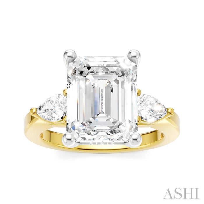 1/2 Ctw Tri-Mount Emerald Shape Center Pear and Round Cut Diamond Semi-Mount Engagement Ring in 14K Yellow and White Gold