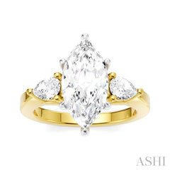 1/2 Ctw Tri-Mount Marquise Shape Center Pear and Round Cut Diamond Semi-Mount Engagement Ring in 14K Yellow and White Gold
