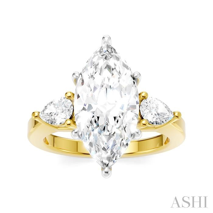 1/2 Ctw Tri-Mount Marquise Shape Center Pear and Round Cut Diamond Semi-Mount Engagement Ring in 14K Yellow and White Gold