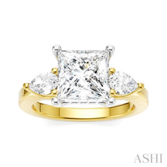 1/2 Ctw Tri-Mount Princess Shape Center Pear and Round Cut Diamond Semi-Mount Engagement Ring in 14K Yellow and White Gold