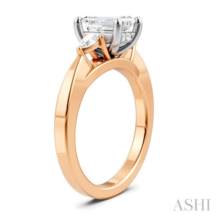1/4 Ctw Tri-Mount Emerald Shape Center Pear and Round Cut Diamond Semi-Mount Engagement Ring in 14K Rose and White Gold