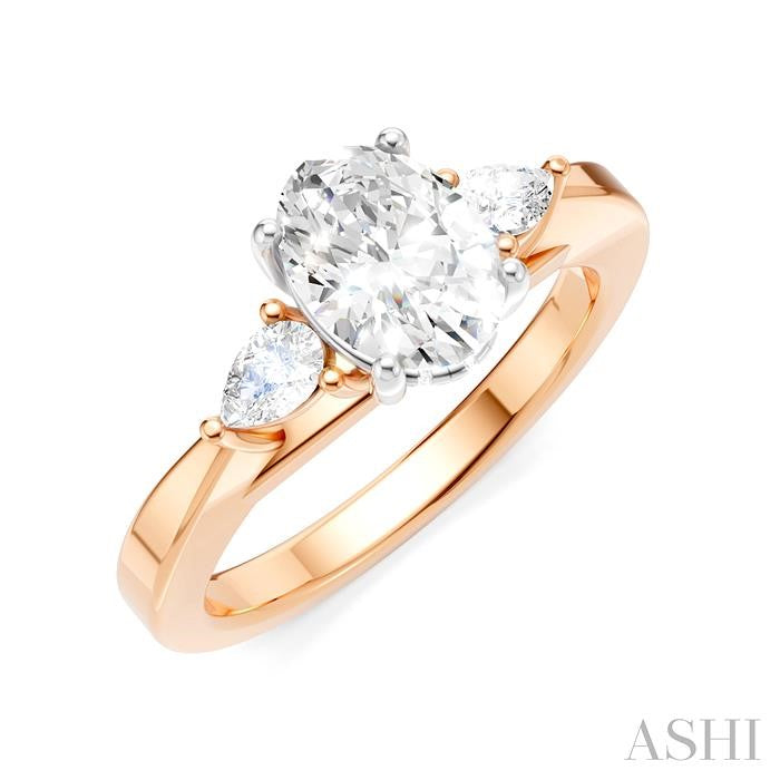 1/4 Ctw Tri-Mount Oval Shape Center Pear and Round Cut Diamond Semi-Mount Engagement Ring in 14K Rose and White Gold