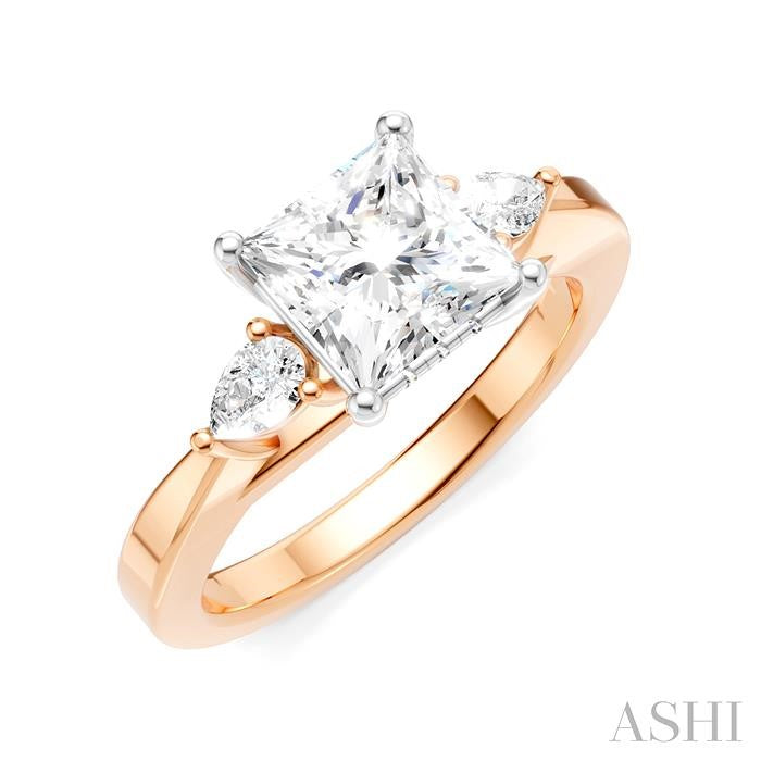 1/4 Ctw Tri-Mount Princess Shape Center Pear and Round Cut Diamond Semi-Mount Engagement Ring in 14K Rose and White Gold