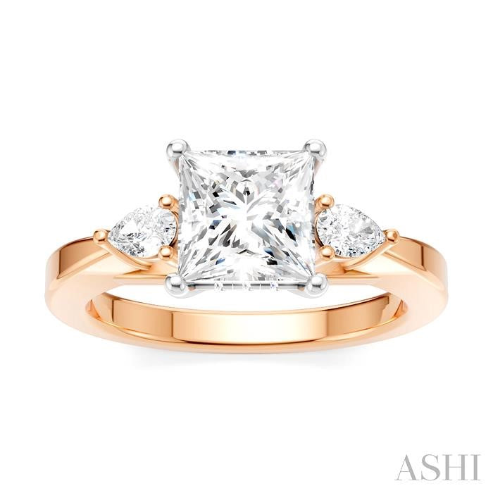 1/4 Ctw Tri-Mount Princess Shape Center Pear and Round Cut Diamond Semi-Mount Engagement Ring in 14K Rose and White Gold